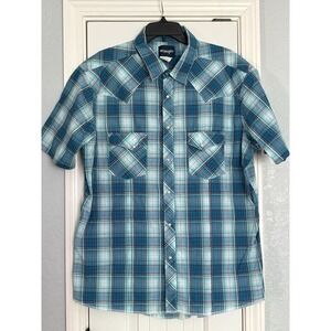 Wrangler Retro Shirt Mens XXL Teal Plaid Short Sleeve Pearl Snaps Western Cowboy